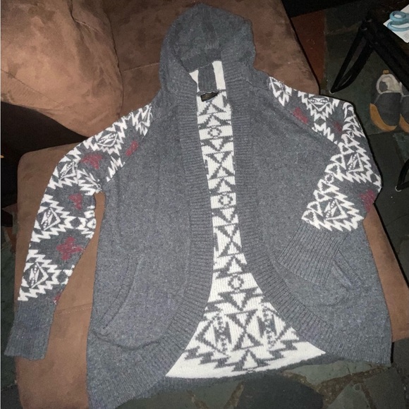 Pendleton Gray Hooded Cardigan with thumb holes Maroon and White Aztec Southwest - Picture 2 of 11